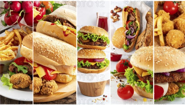 Collage of various fast food meals. beagles, hamburger, cheeseburger, french fries and a view green