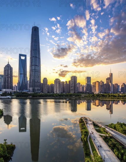Collage of skyscrapers of a metropolitan city, various skylines with different blue sky in sunset,