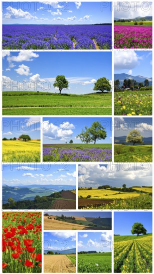 Collage of spring and summer landscapes, blooming flowers, green meadows and trees, hilly landscape