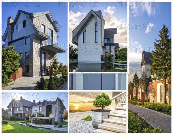 Collage of real estate residential building, modern architecture style, surrounded by green garden,