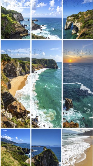 Collage of coastal landscapes with cliffs and shore break, spectacular nature, cloudy sky with
