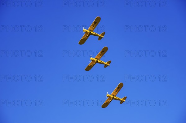 Three Piper PA-18 Super Cub aircraft from the Bravo Lima Formation flying group in formation flight