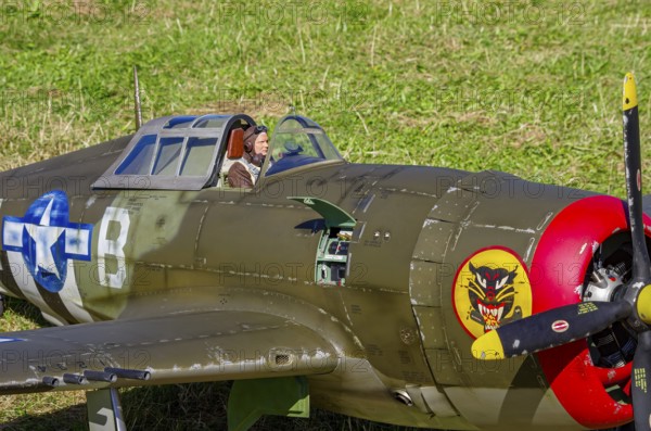 An RC model of a Republic P-47 Thunderbolt during a demonstration as part of an air show at the