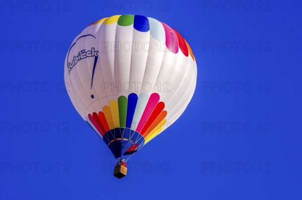 A hot air balloon, registration D-OÖJ, rises into the air as part of an air show at the