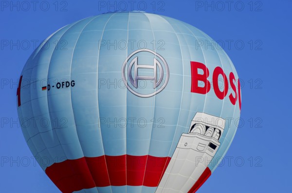 A hot air balloon, registration D-OFDG, rises into the air as part of an air show at the