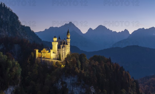 Illuminated Neuschwanstein Castle in front of a rugged mountain panorama, nestled in a dense forest