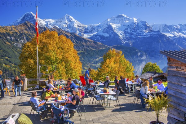 Sun terrace of the mountain inn in the hamlet of Sulwald with Eiger 3967m, Mönch 4110m and Jungfrau