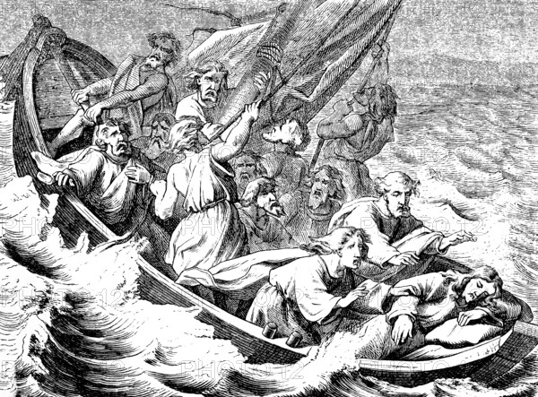 Jesus sleeping on his pillow in a storm, Gospel of Mark, chapter 4, open wooden boat, disciples of