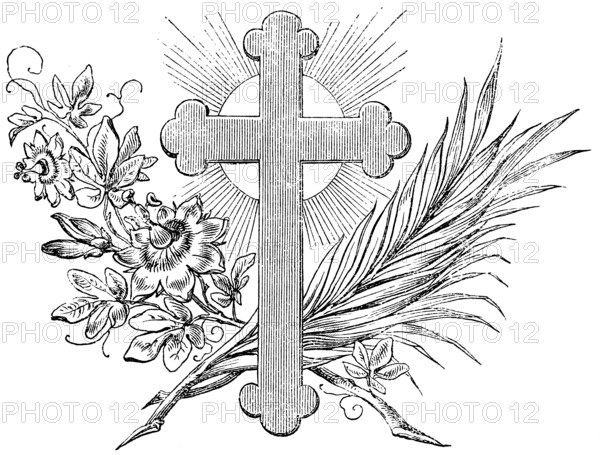 End of the Gospel of Matthew, cross, rays of light, palm branch, flowers, New Testament, Bible,