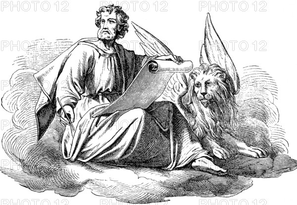 Start of the Gospel of Mark, Apostle Saint Mark, lion with wings, Mark's lion, scroll, pen, cloud,