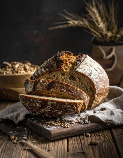 Rustic loaf of whole grain bread, fresh baked, close up of bread on dark wooden table, golden rust,