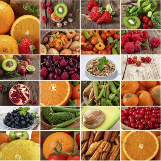 Food collage of various biological and organic fruits and vegetables, fresh healthy lifestyle, with