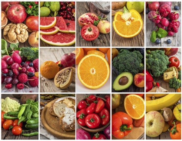 Food collage of various biological and organic fruits and vegetables, fresh healthy lifestyle, with