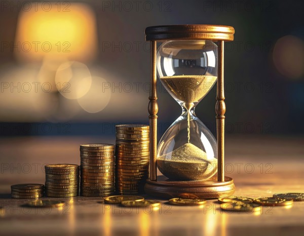 Hourglass and stacked golden coins, illustrating currency fluctuation and time impact commodities