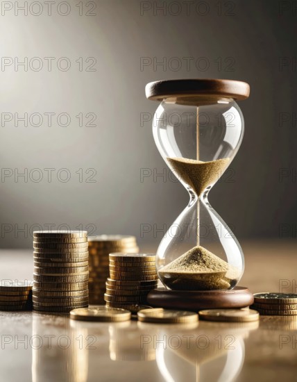 Hourglass and stacked golden coins, illustrating currency fluctuation and time impact commodities