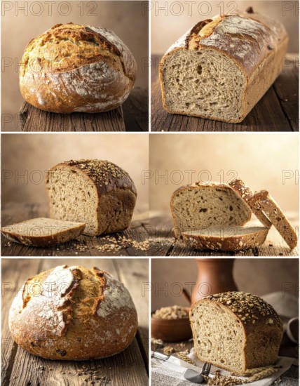 Collage of rustic loaf of whole grain bread, bread on dark rustic wooden table, great variety of