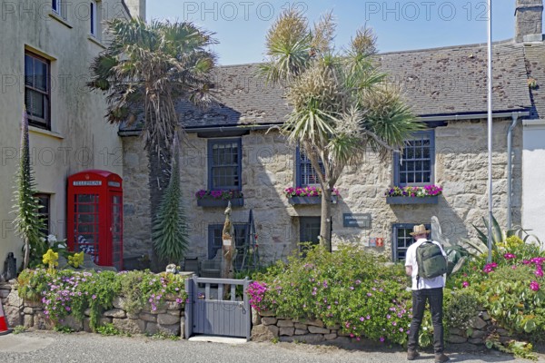 Stone house with blooming garden and red telephone box, Isles of Scilly, Hugh Town, Cornwall, Great