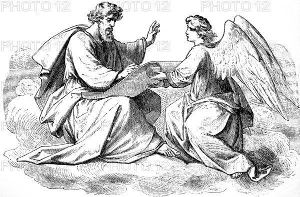 Introductory picture to the Gospel of Matthew, chapter 1, God, angel, scroll, pen, writing, New