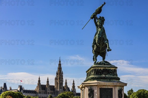 Monument of Archduke Karl, behind it the Town Hall with its neo-Gothic façade, Heldenplatz, Vienna,