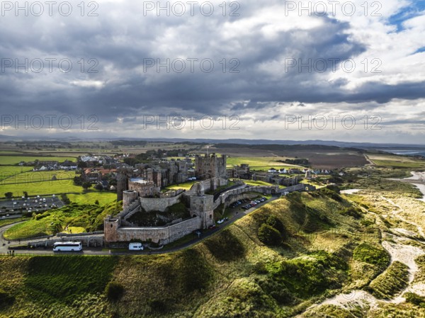 Bamburgh Castle from a drone, Northumberland, Northeast Coast, England, United Kingdom