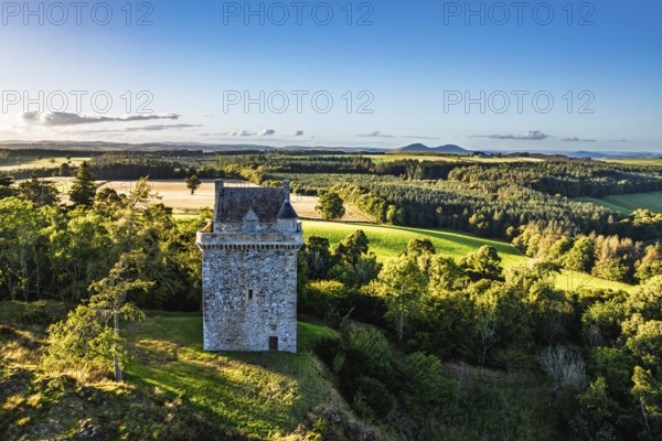 Fatlips Castle from a drone, Minto Crags, River Teviot, Roxburghshire, Scottish Borders, Scotland,