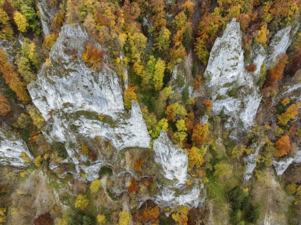 Aerial view, top down view of distinctive rock towers, Weissjura, Jurassic limestone cliffs,