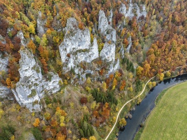 Aerial view of distinctive rock towers, Jurassic limestone cliffs, Weissjura, Jura cliffs,