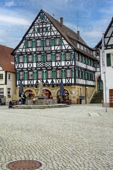Historic half-timbered houses and market fountains, market square, Pfullingen, Baden-Württemberg,