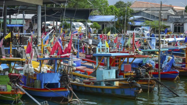 Fishing boats moored side by side in colors blue and red, Phang Nga Bay, Phang Nga Phang-nga