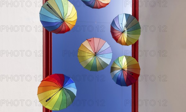 Argentina, Buenos Aires, Colourful Umbrella street in San Telmo district known for its boutiques,