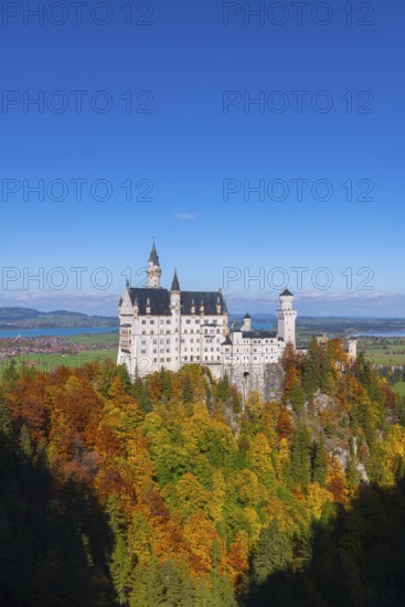 Neuschwanstein Castle overlooks the autumn trees and blends harmoniously into the landscape,
