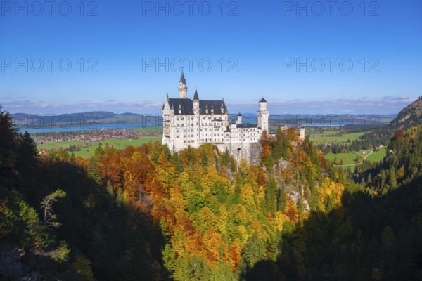 The impressive Neuschwanstein Castle in front of a vast autumn landscape with bright blue sky,
