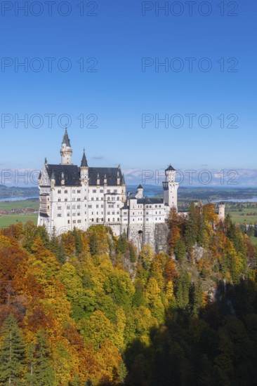 Neuschwanstein Castle stands majestically above colorful autumn forests and bright blue skies,
