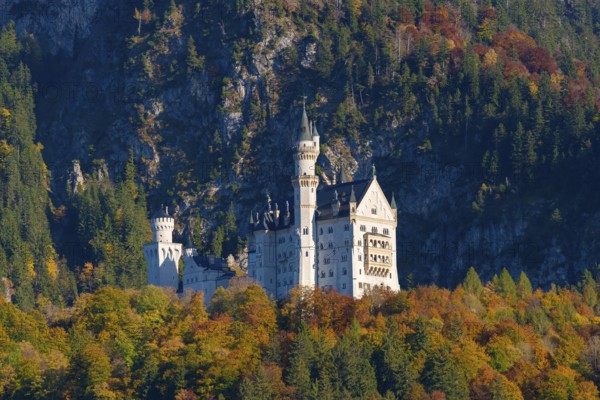 The impressive Neuschwanstein Castle in front of the colorful autumn forest and rock landscape of
