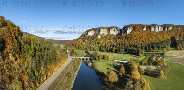Aerial view, panorama of the Upper Danube Valley, surrounded by autumn vegetation with the
