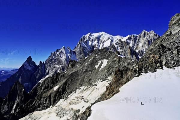 From left, the mountains l'Aiguille Noire de Peuterey, L'Aiguille Blanche de Peuterey, Mont Blanc,
