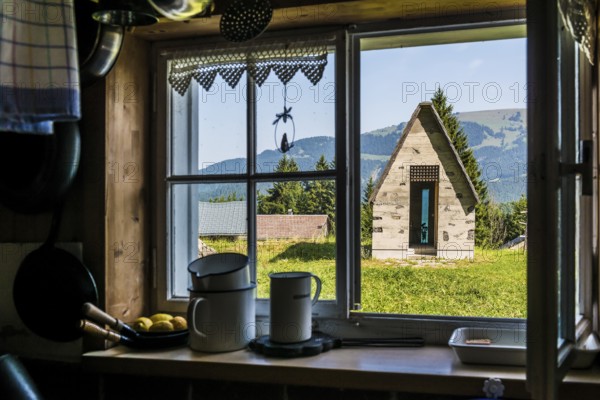 Ancient alpine hut and modern chapel, Alm Enge, Hirschau, Kanisfluh, Bregenzerwald, Vorarlberg,