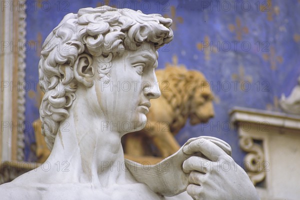 Copy of the David sculpture, detail, original is by the artist Michelangelo Buonarroti, Piazza