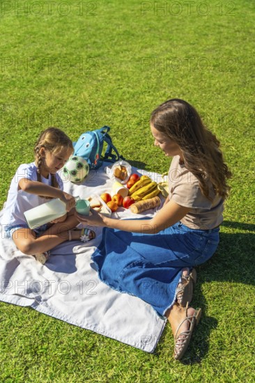 Mother and daughter enjoying a summer picnic in a lush green park, sharing healthy food, fruit, and