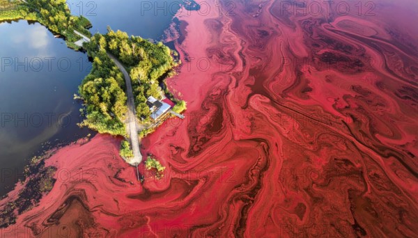 Red algae plant on the lake. abstract ecology nature concept, wild landscape with vibrant red