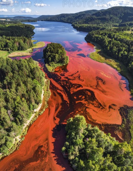 Red algae plant on the lake. abstract ecology nature concept, wild landscape with vibrant red