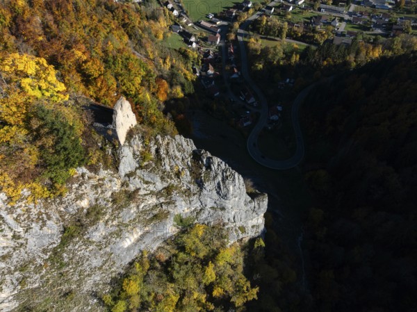 Aerial view of the viewpoint, shovels and Hausen Castle, also known as the Hausen ruins, surrounded