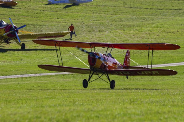 A Stampe-Vertongen SV-4A double-decker registered with HB-UPR during a flight demonstration as part