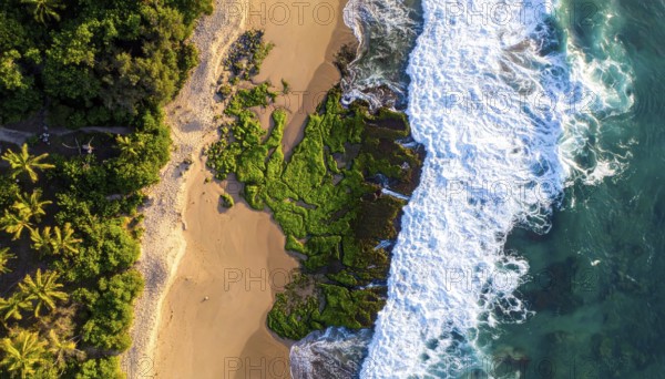 Green algae on the shore of an ocean. Fascinating phenomenon of wilderness nature, green plants,