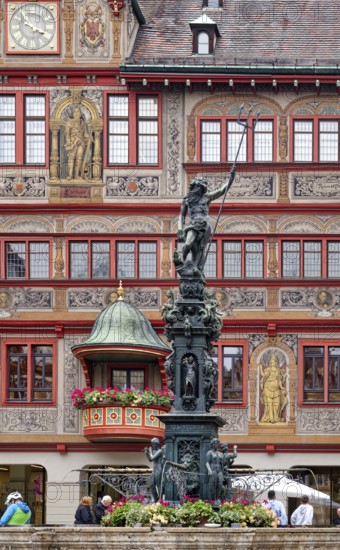 Market square with town hall and Neptune fountain with Neptune and trident from the Renaissance,