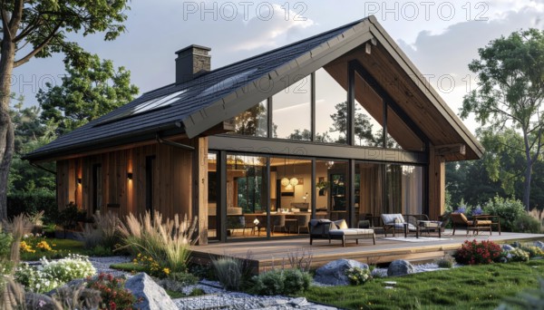 Modern Extension on a Traditional Cottage with Glass and Wood Architecture, green garden with