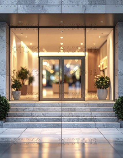 Modern building entrance with stairs, glass facade, and plants in warm evening light, empty