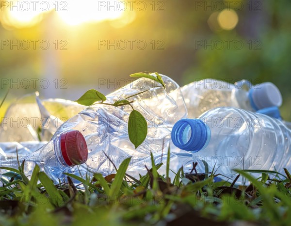 Crushed plastic water bottle waste in a wild landscape, symbol for nature protection, waste