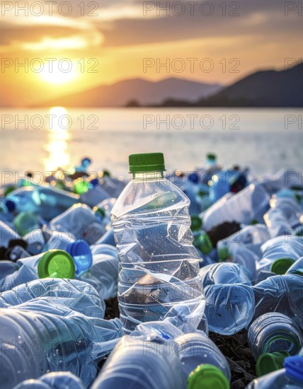 Crushed plastic water bottle waste in a wild landscape, symbol for nature protection, waste