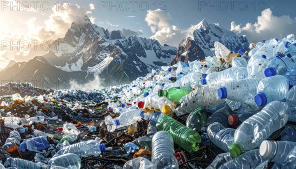 Crushed plastic water bottle waste in a wild landscape, symbol for nature protection, waste